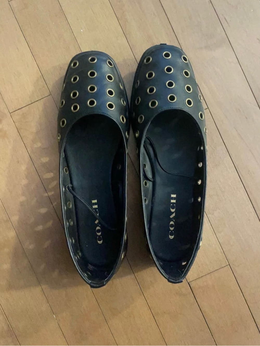 Coach Black Leather Grommet Slip-On Flats - Picture 2 of 3